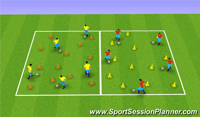 Football/Soccer Session Plan Drill (Colour): Warm up dribbling and moves