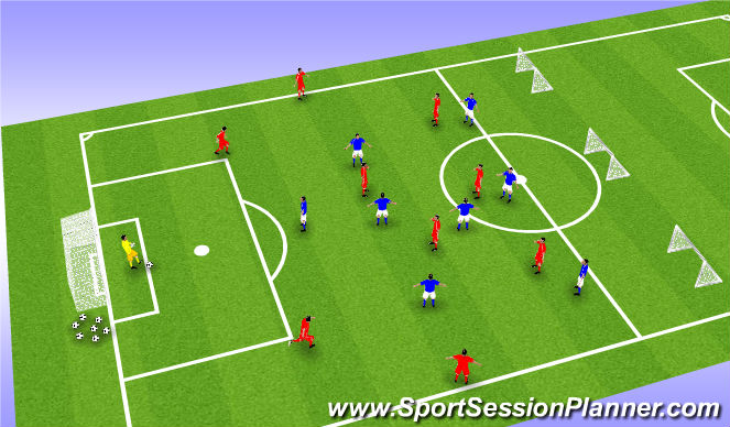 Football/Soccer Session Plan Drill (Colour): 9+GK vs 8 Building Phase vs 3-1-3-1