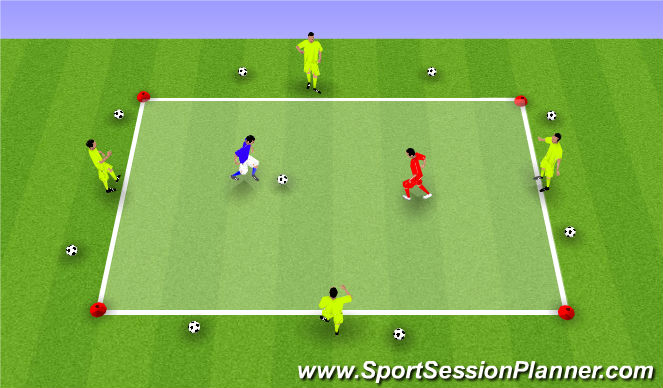 Football/Soccer Session Plan Drill (Colour): 1v1 met 4 kaatsers